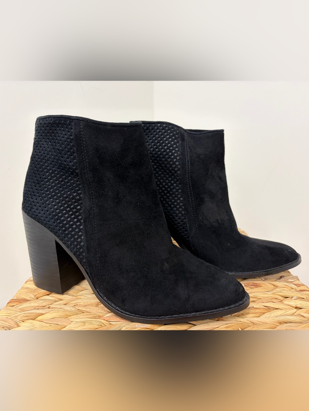Steve Madden Black Suede Perforated Block Heel Ankle Booties